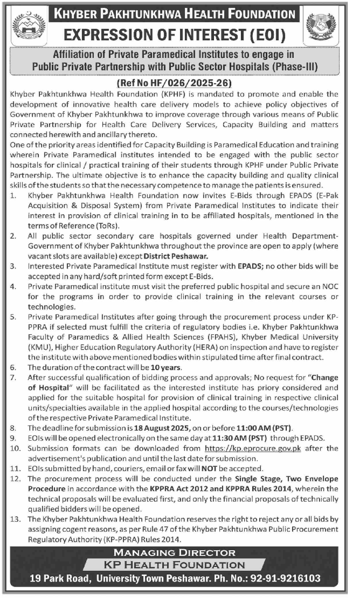 Khyber Pakhtunkhwa Health Foundation Peshawar Tender Notice-1